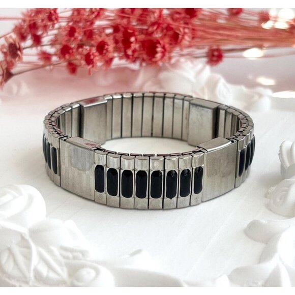 Two Toned 1970's Back Flexible Stretch Elastic Unisex Minimalist Bracelet - Picture 1 of 10